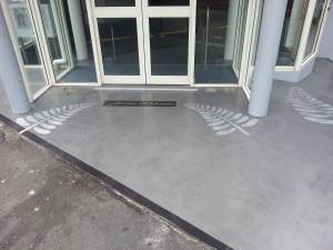 Entrance with Silver ferns and Logo stained into Cretecova concrete resurfacing